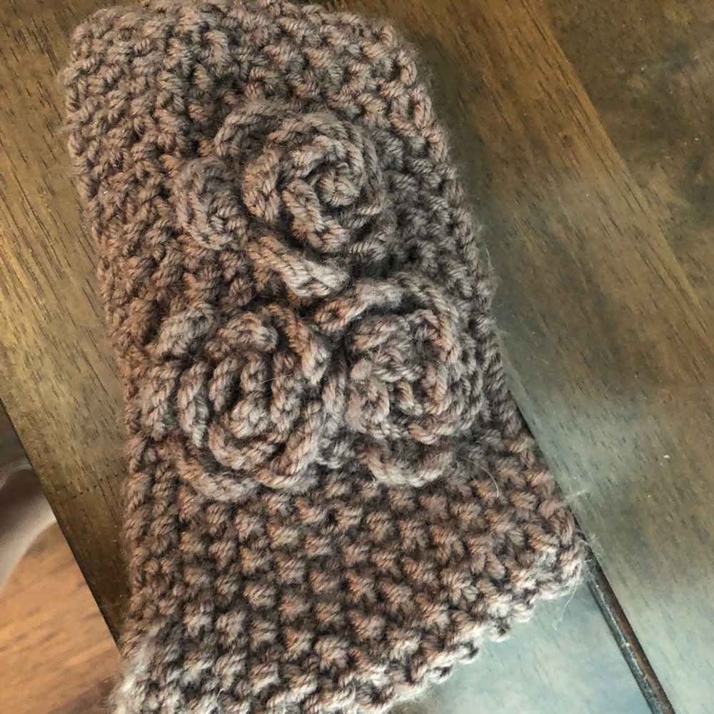 Brown Flower Knitted Ear Warmer w/ button on back